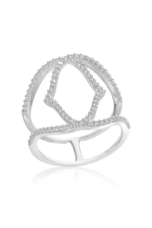 Sterling Silver Double Band Crossover Open Ring with Cubic Zirconia Stones | Size 6 | Women & Unisex