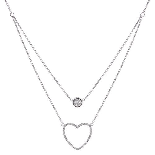 Tilo Jewelry Sterling Silver Halo Heart Style CZ Double Drop Necklace | Adjustable 17 Inch to 19 Inch | Women & Unisex