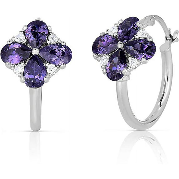 Tilo Jewelry Sterling Silver Hoop Earrings with CZ Amethyst Flower Clover for Women & Unisex - 1 Inch