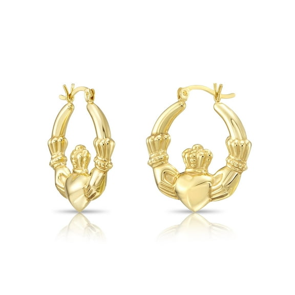 Tilo Jewelry Yellow Gold Plated 925 Sterling Silver Claddagh Heart Crown Hoop Earrings (1 inch) for Women & Unisex