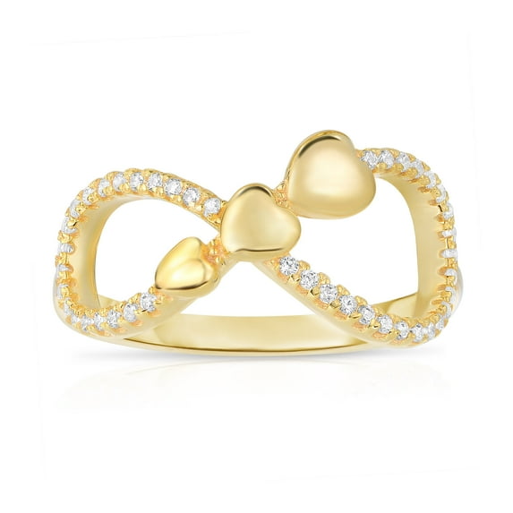 Tilo Jewelry Yellow Gold Plated 925 Sterling Silver Infinity Triple Heart Dainty Band Ring with Cubic Zirconia CZ Stones | Size 5 | Women & Unisex