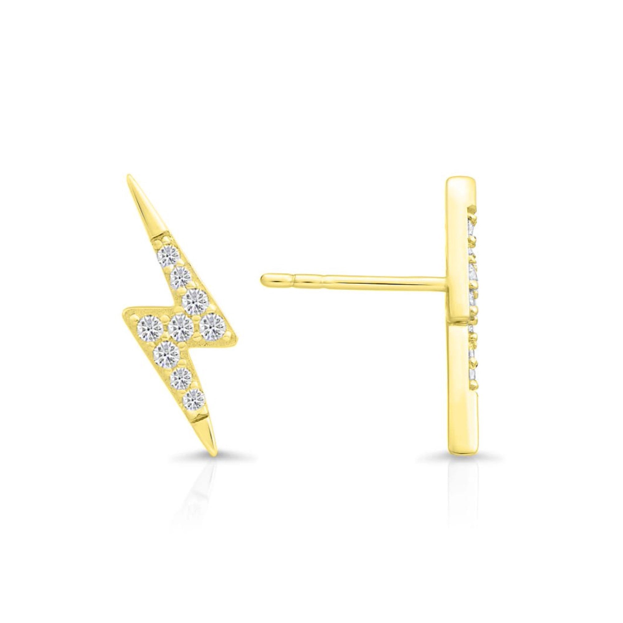 Tilo Jewelry Yellow Gold Plated 925 Sterling Silver Lightning Bolt Stud Earrings with Cubic Zirconia CZ Stones | Secure Push-Backs | Women, Men, Unisex