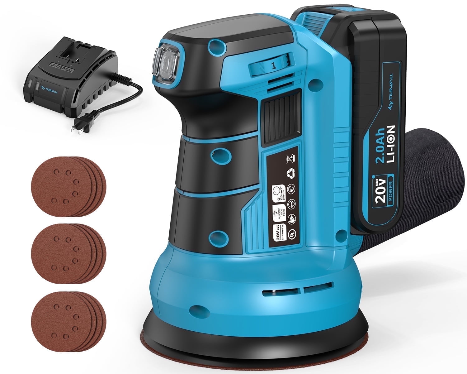 Tilswall 20V Cordless Orbital Sander, 5" Electric Palm Hand Sander Tool, 11,000 RPM, with Vacuum Dust Collector, Random Orbit Power Sander for Woodworking, Blue