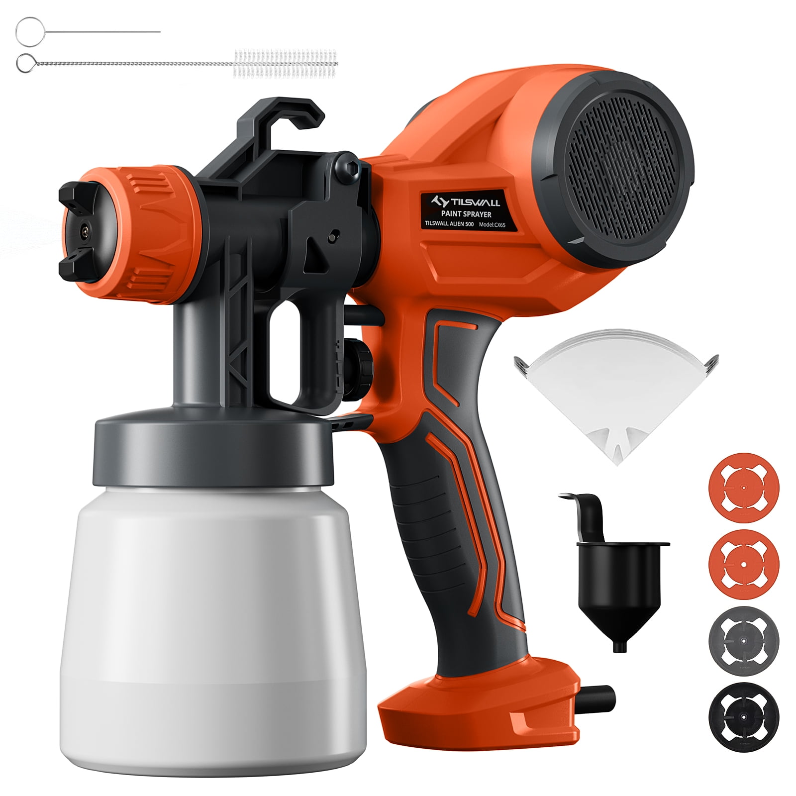 Tilswall Paint Sprayer, HVLP Electric Spray Paint Gun with 4 Nozzles & 3 Patterns, 600ML Container, Easy to Clean, for home interior(Orange)