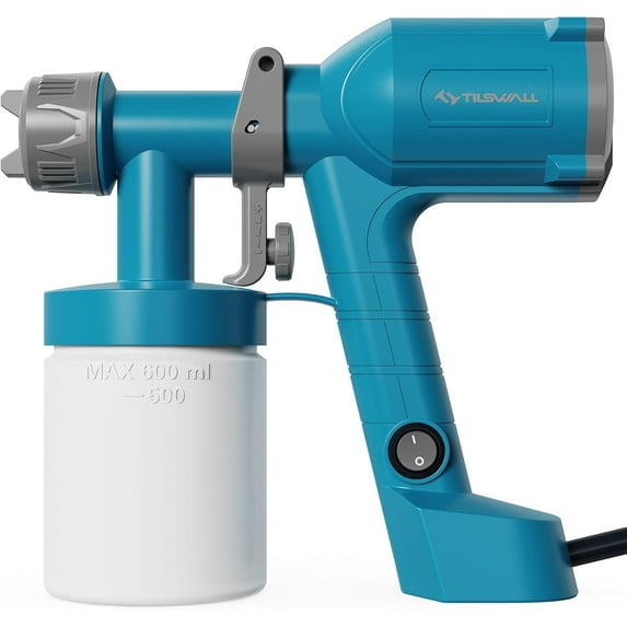 Tilswall HVLP Paint Sprayer, 500W Electric Spray Paint Gun with 600ML Container, 2 Nozzles & 3 Patterns, Ultra Light, Easy to Clean, for Furniture, Cabinets, Wall, Fence, Home (Blue)