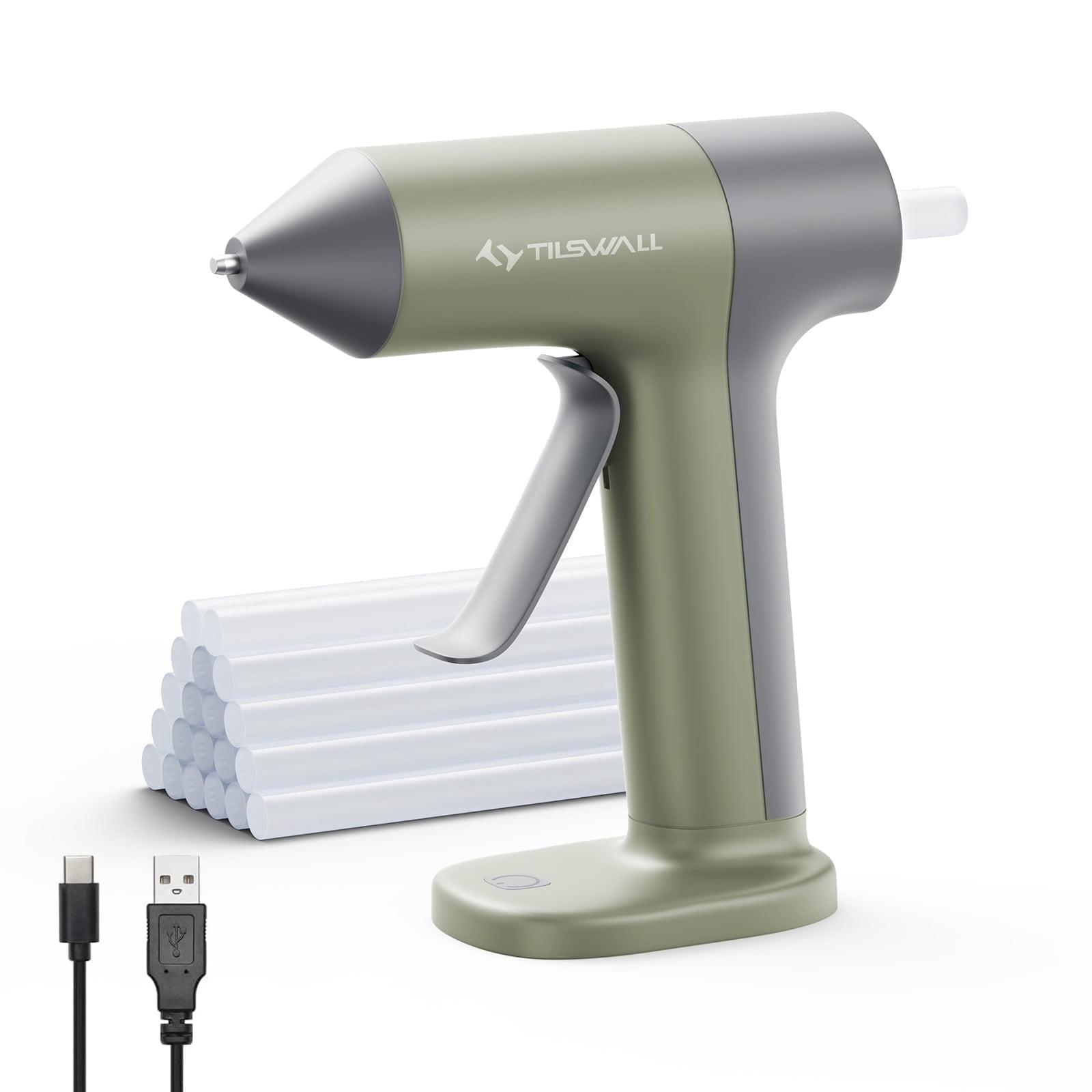 Tilswall Cordless Hot Glue Gun, High Temperature, 30s Fast Preheating Anti-drip Glue Gun, 2Ah USB-C Rechargeable, with 20 Pcs Mini Glue Sticks Set for DIY Craft, Home Decor, Green