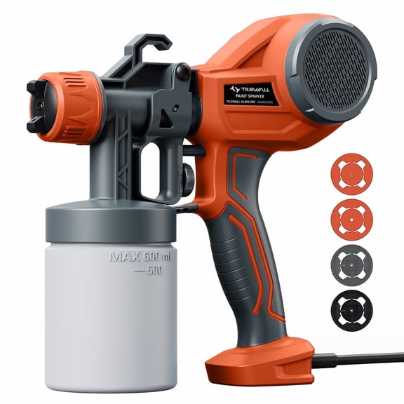 Tilswall Alien 500 Paint Sprayer, HVLP Spray Gun, Electric Paint Spray Gun with 4 Nozzles & 3 Patterns, 600ML Container, Lightweight, Easy to Clean for Painting Walls, Furniture, Cabinets, Orange