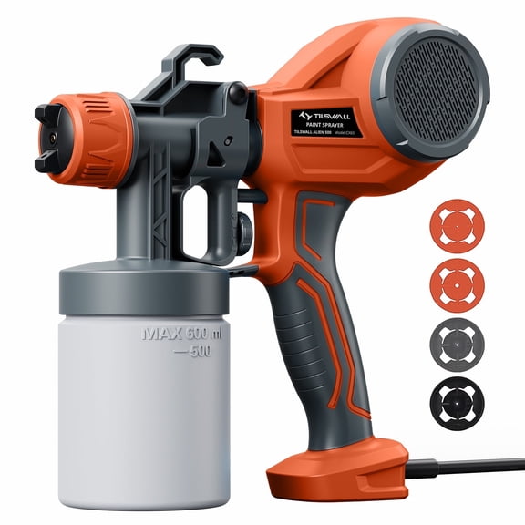 Tilswall Paint Sprayer, HVLP Spray Gun, Electric Paint Spray Gun with 4 Nozzles & 3 Patterns, 600ML Container, Lightweight, Easy to Clean for Painting Walls, Furniture, Cabinets, Orange