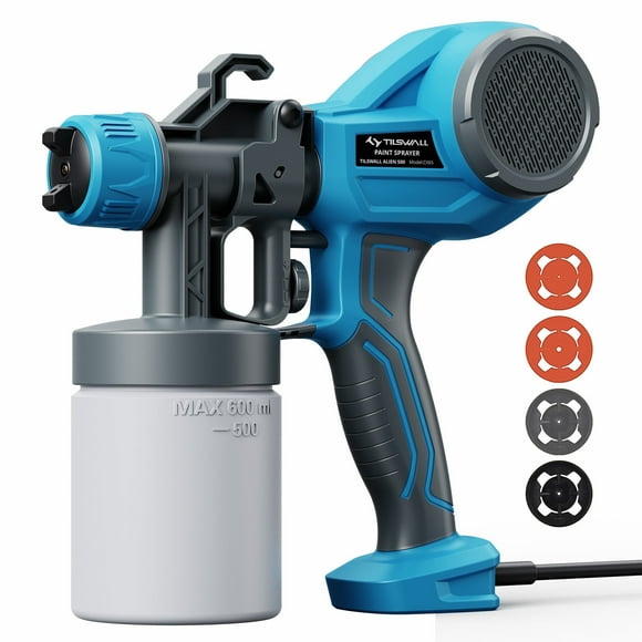 Tilswall Paint Sprayer, HVLP Spray Gun, High Power Electric Spray Paint Gun with 4 Nozzles & 3 Patterns, 600ML Container, Easy to Clean for Home Interior and Exterior (Blue)