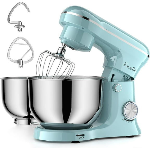 Tilt-Head Stand Mixer, 5QT + 6QT Stainless Steel Two Bowls, 10 Speeds Kitchen Electric Food Mixer with Egg Whisk, Dough Hook, Beater, Dishwasher-Safe Attachment (Blue)