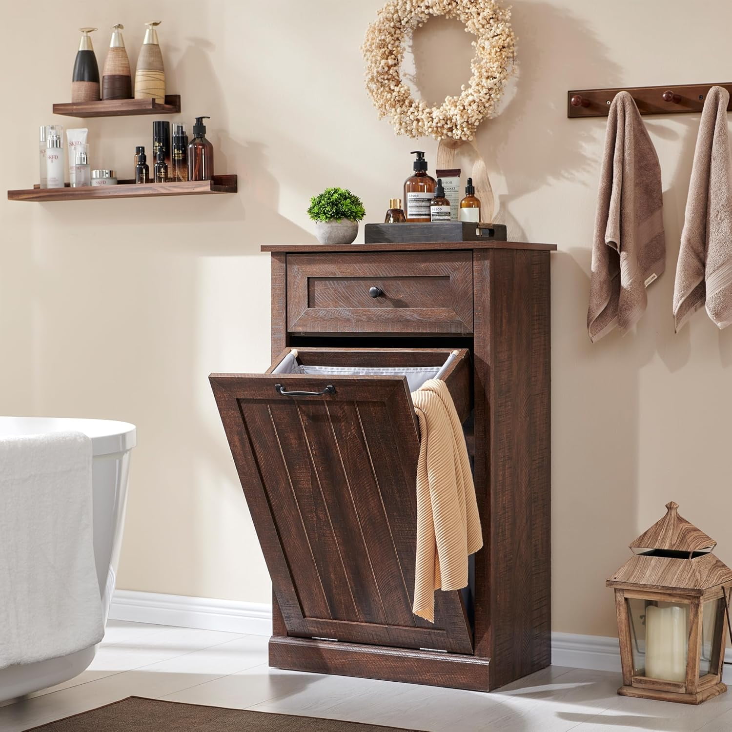 Tilt Out Laundry Hamper Cabinet 10 Gallon Farmhouse Trash Can Cabinet with Drawer Hidden Wood ...