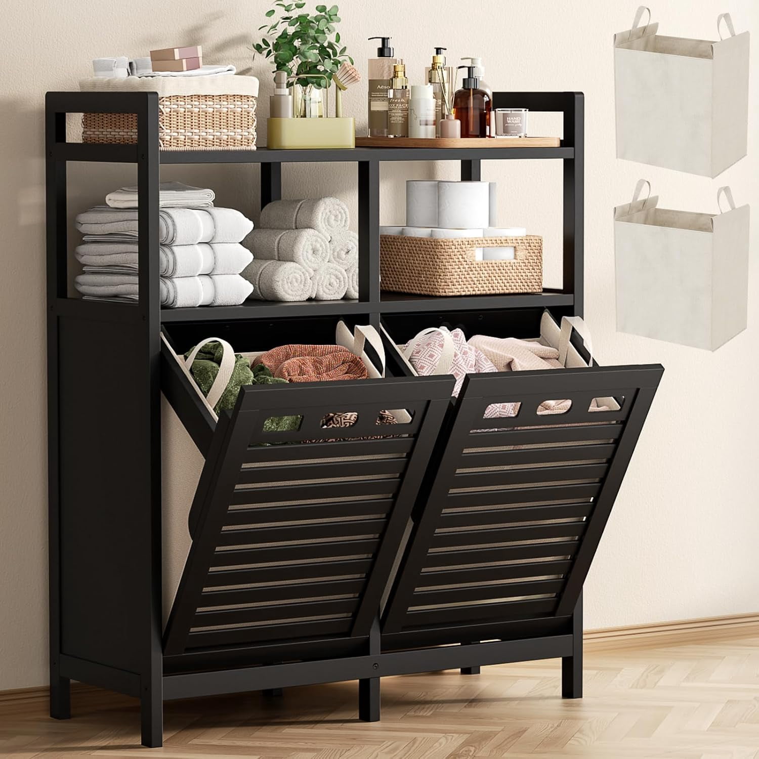 Tilt Out Laundry Hamper Cabinet Bamboo Double Laundry Hamper with 2 ...