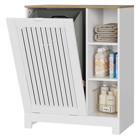 Tilt Out Laundry Hamper Cabinet with Louvered Door, Canvas Basket and 3 Open Side Shelves, Trash Can Cabinet, Ideal for Laundry, Kitchen, Bathroom, White