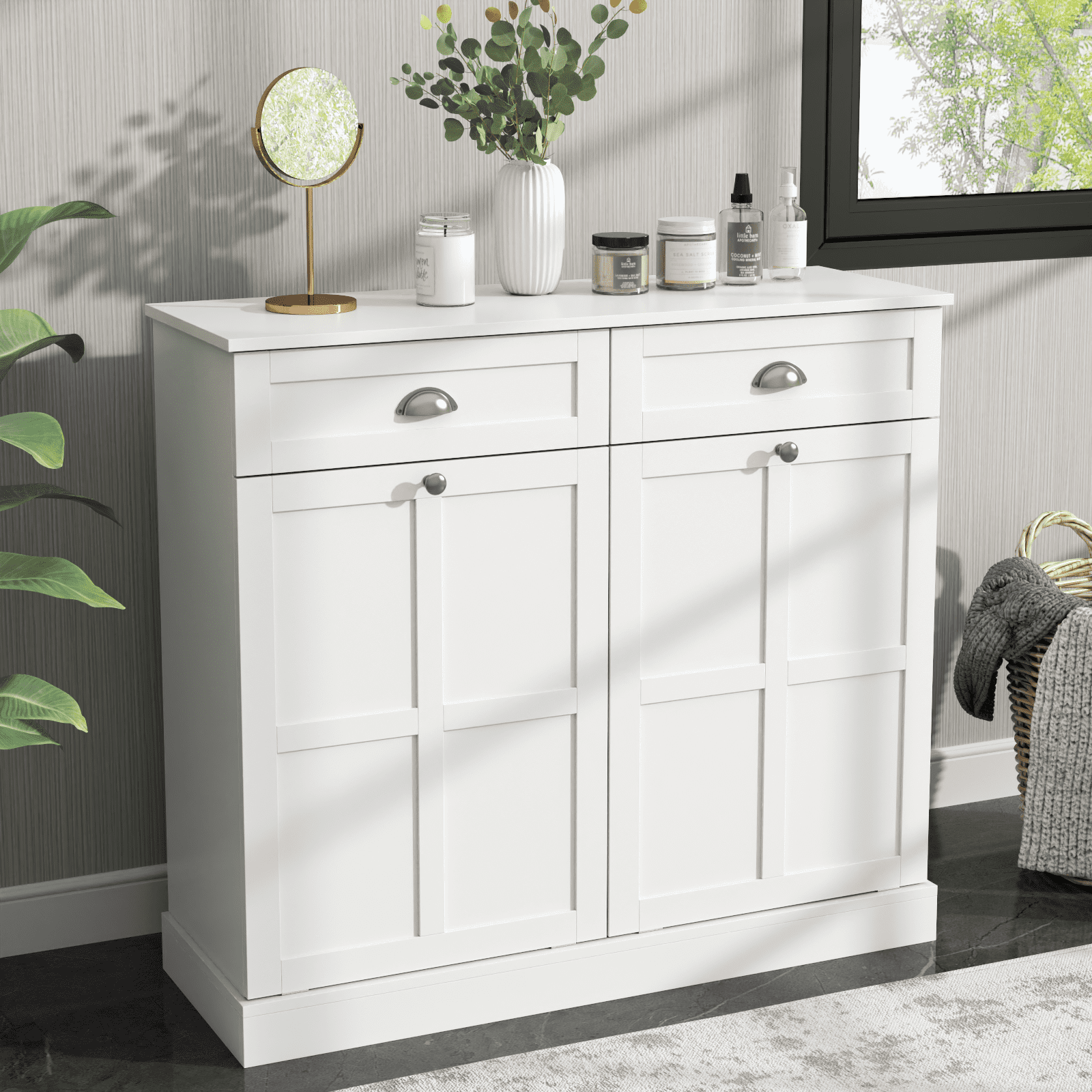 Tilt Out Laundry Sorter Cabinet, Double Laundry Hamper Cabinet with 2 Drawers & 2 Laundry Storage Baskets, 30 Gallon Trash Can Cabinet, Storage Cabinet for Bathroom, Laundry Room, Kitchen, White