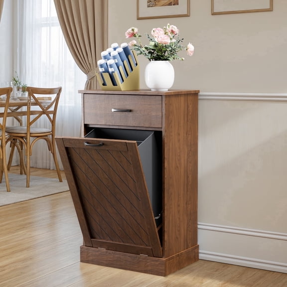 Tilt-Out 17 Gallons Hidden Garbage Trash Can Cabinet, Hidden Kitchen Trash Cabinet with Storage Drawer, Pet-Proof Wooden Garbage & Recycling Cabinet for Kitchen, Laundry & Living Room, Brown