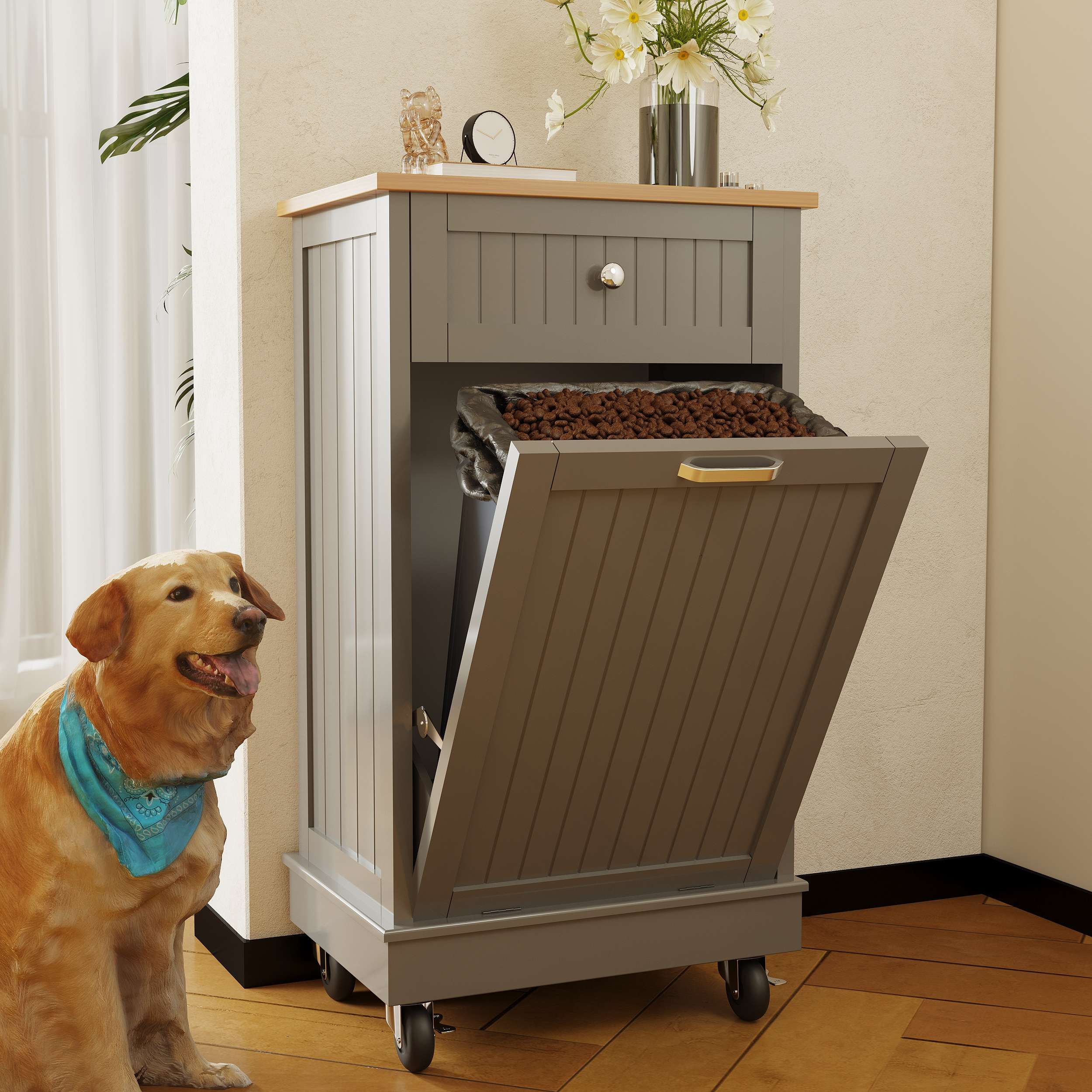 TiltOut Kitchen Trash Freestanding with Drawer,Kitchen Wooden