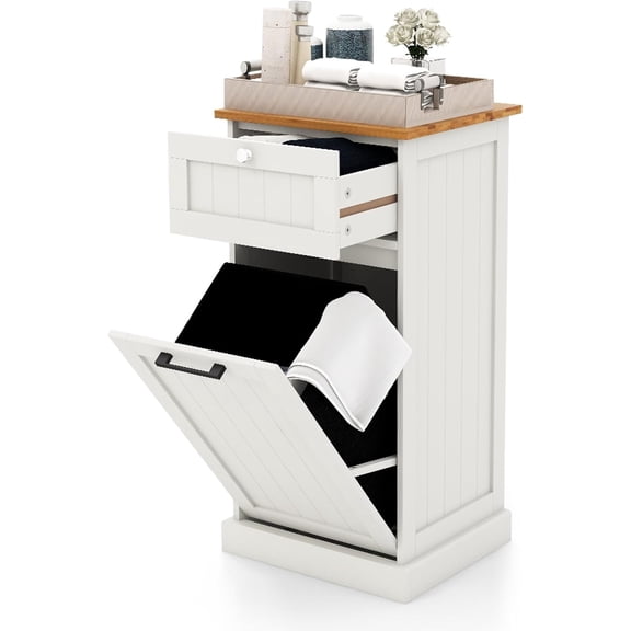 Tilt Out Laundry Cabinet, 10 Gallon Wood Hidden Hamper Cabinet with Removable Basket, Drawer, Bamboo Countertop, Bathroom Storage Cabinet, White