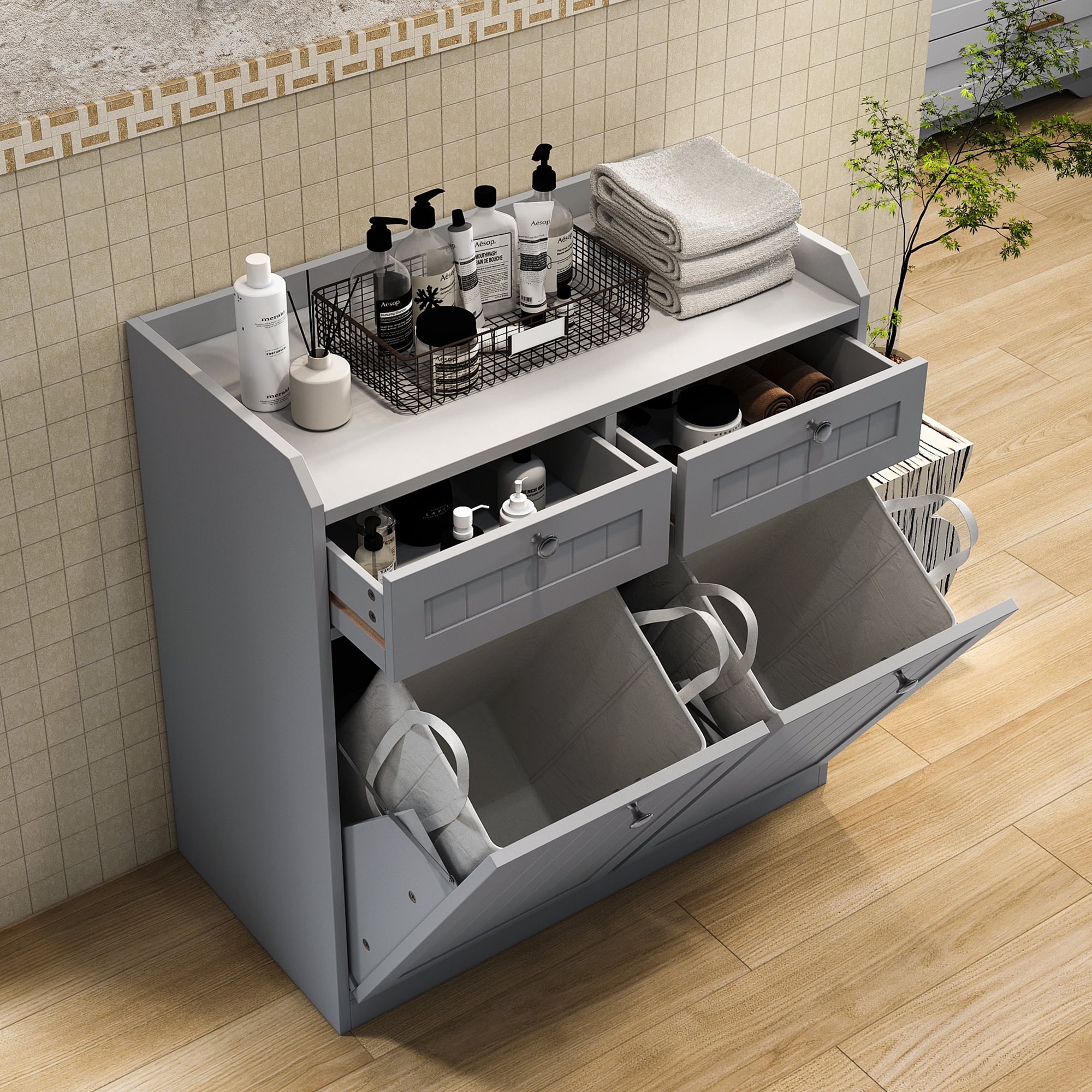Tilt Out Laundry Cabinet Bathroom Laundry Cabinet Bathroom Storage Cabinet with 2 Hampers Baskets and Drawers,Gray