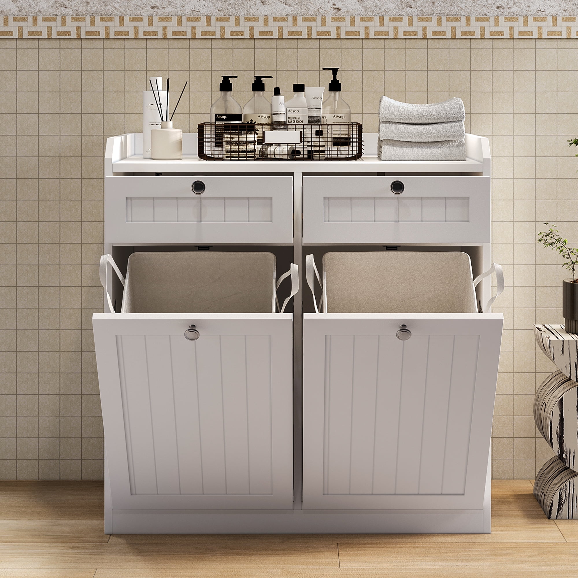Tilt Out Laundry Cabinet Bathroom Laundry Cabinet Bathroom Storage Cabinet with 2 Hampers Baskets and Drawers,White