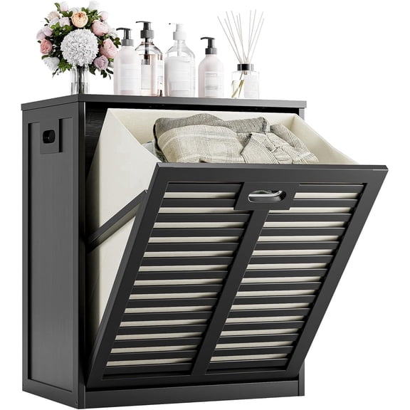 Tilt Out Laundry Hamper, Bamboo Laundry Cabinet with Pull Out Removable Bag, Clothes Basket with Metal Handle for Bathroom Kitchen
