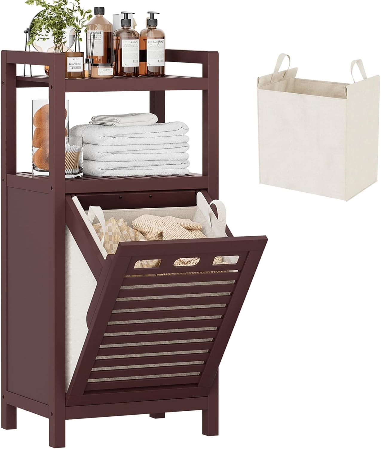 Tilt-Out Laundry Hamper Cabinet, 10 Gal Bamboo with Removable Basket and Shelf, Espresso