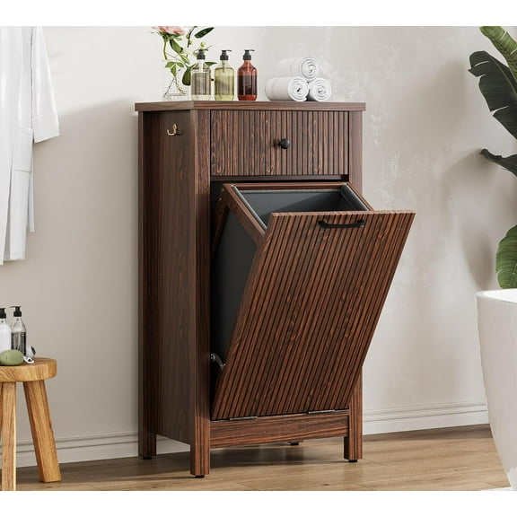 Tilt-Out Laundry Hamper Cabinet with Drawer, 10 Gallon Fluted Trash Can Cabinet with Laundry Basket, Hidden Wood Garbage Can Bin Cabinets for Bathroom & Kitchen, Brown