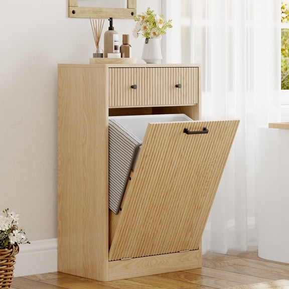 Tilt-Out Laundry Hamper Cabinet, Modern Fluted Trash Can Cabinet with Drawer, Freestanding Wooden Hidden Garbage Can Cabinet, for Kitchen, Bathroom, Laundry Room