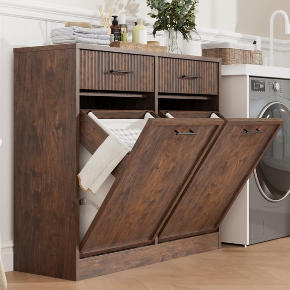 Tilt Out Laundry Hamper Cabinet with 2 Drawers &Baskets, 20 gal Wooden Laundry Basket for Bathroom, Laundry Room, Bedroom