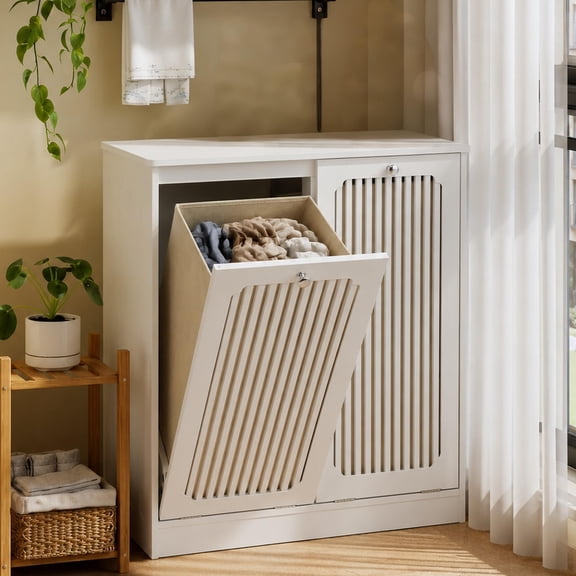 Tilt Out Laundry Hamper,Flip-top Laundry Basket Cabinet,Double-Section Fabric Laundry Storage Cabinet for Bathroom,Washroom,White