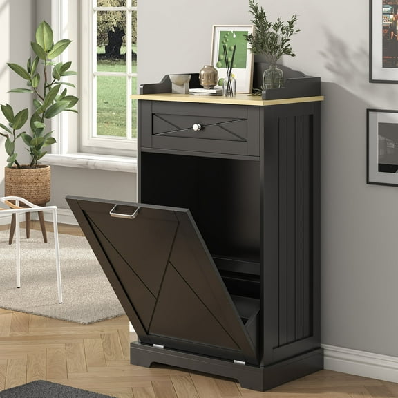 Tilt-Out Laundry Hamper & Trash Can Cabinet - 12 Gallon, Kitchen Island with Single Door, Black