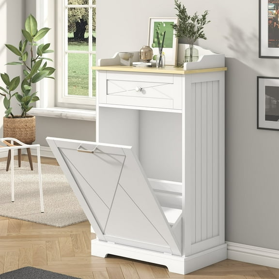 Tilt-Out Laundry Hamper & Trash Can Cabinet - 12 Gallon, Kitchen Island with Single Door, White