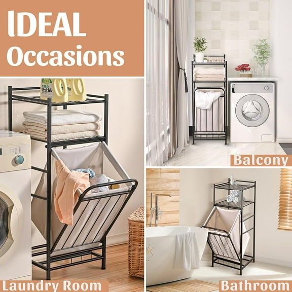 Tilt Out Laundry Hamper with Shelf, 65L Large Capacity Laundry Basket Cabinet