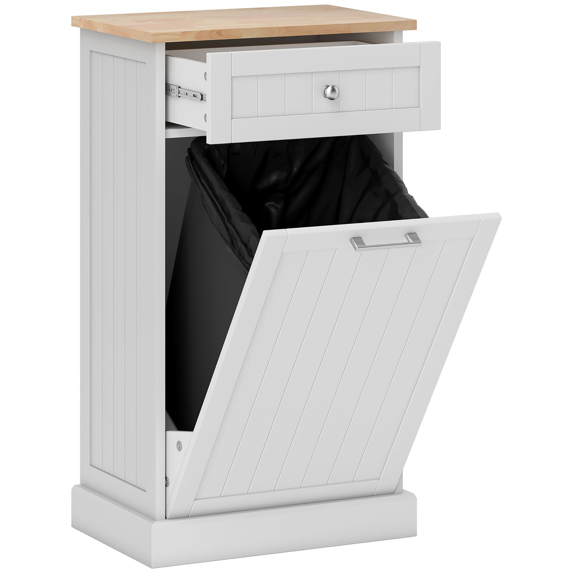 Tilt Out Trash Bin Cabinet with Drawer, Free Standing Recycling Can Holder, MDF and Wood, 20 in W x 13.25 in D x 35.5 in H, 10 Gallon Capacity, White