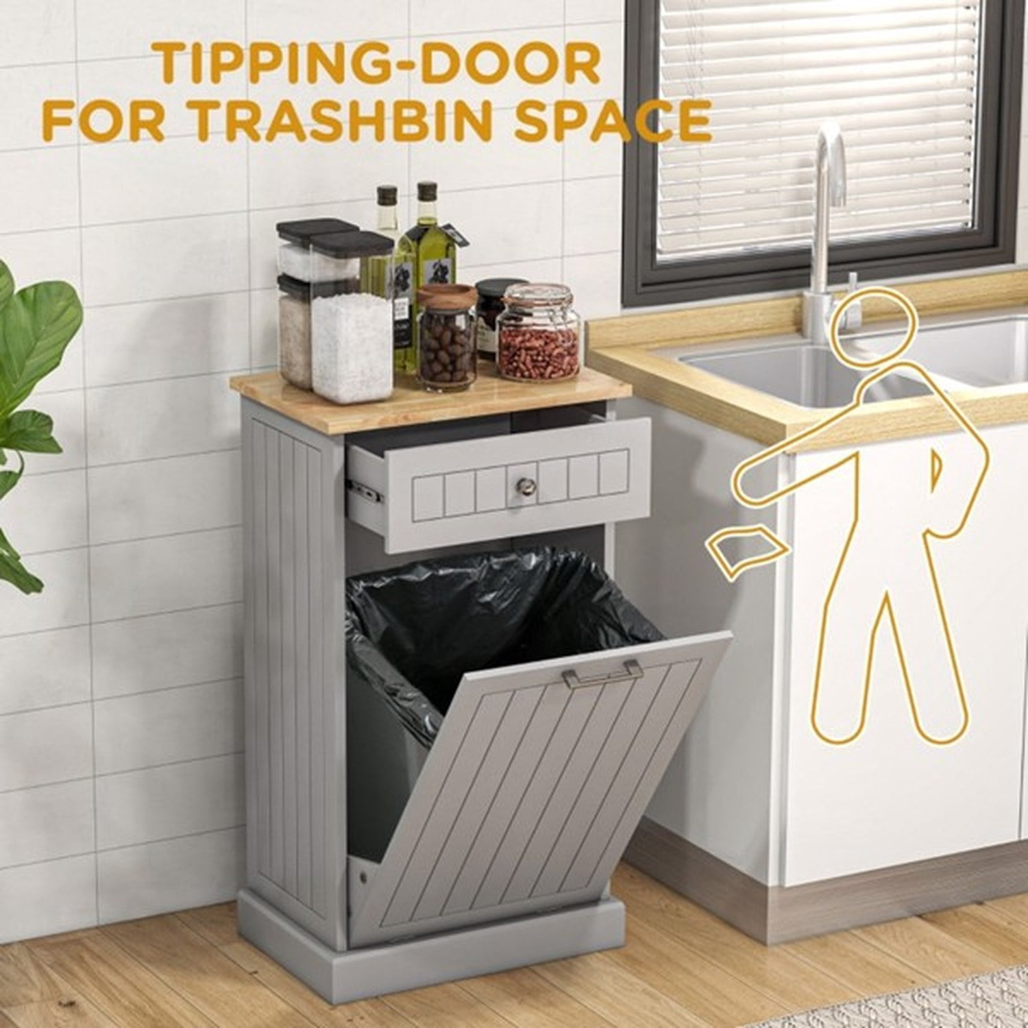 Tilt Out Trash Bin Cabinet with Drawer, Freestanding Kitchen Recycling Cabinet, MDF and Wood, 20 in Wide, 35.5 in High, Holds 88 lb
