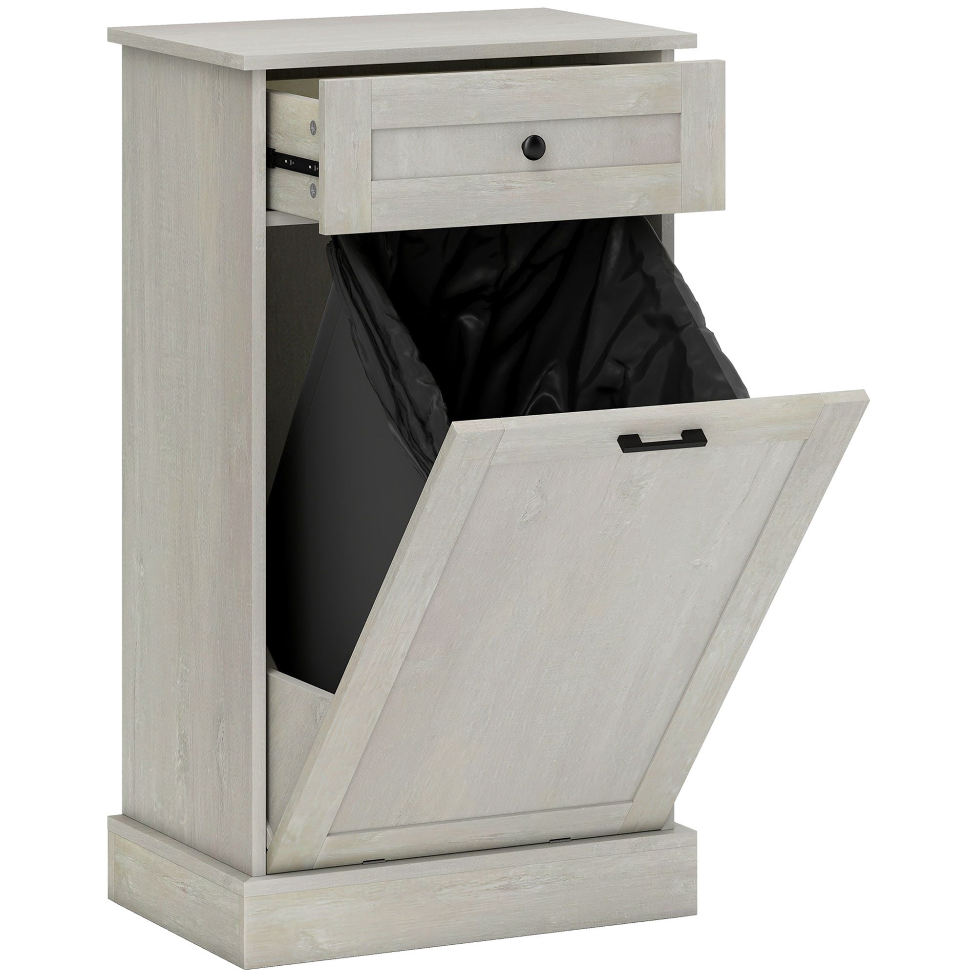 Tilt Out Trash Bin Cabinet with Drawer, Freestanding Kitchen Storage Cabinet, Particle Board and Wood, 20 in Wide, Holds 10 Gallon Trash Can