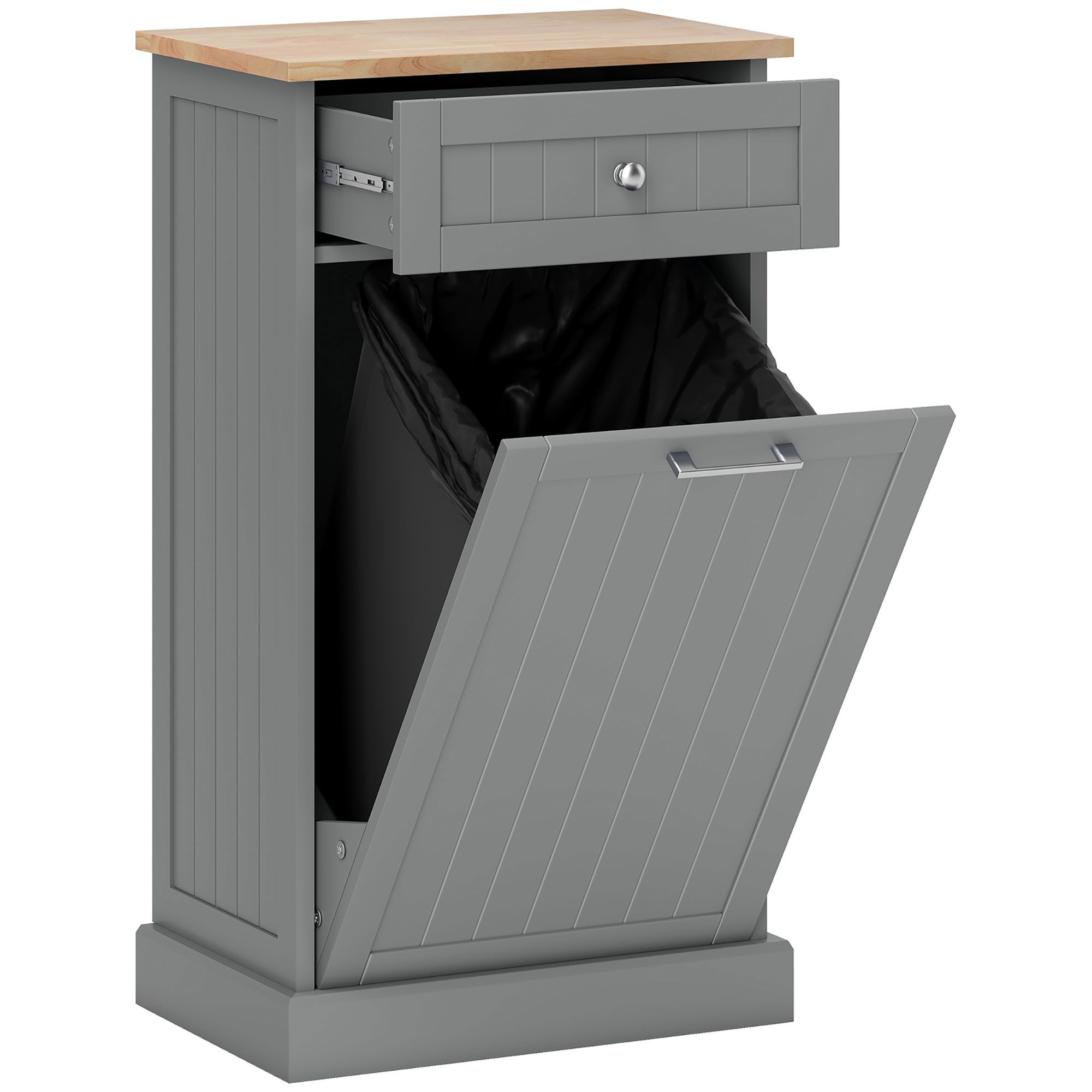 Tilt Out Trash Bin Cabinet with Drawer, Freestanding Recycling Can Holder, MDF and Wood, 20 in Wide, 10 Gallon Capacity, for Kitchen or Laundry Room