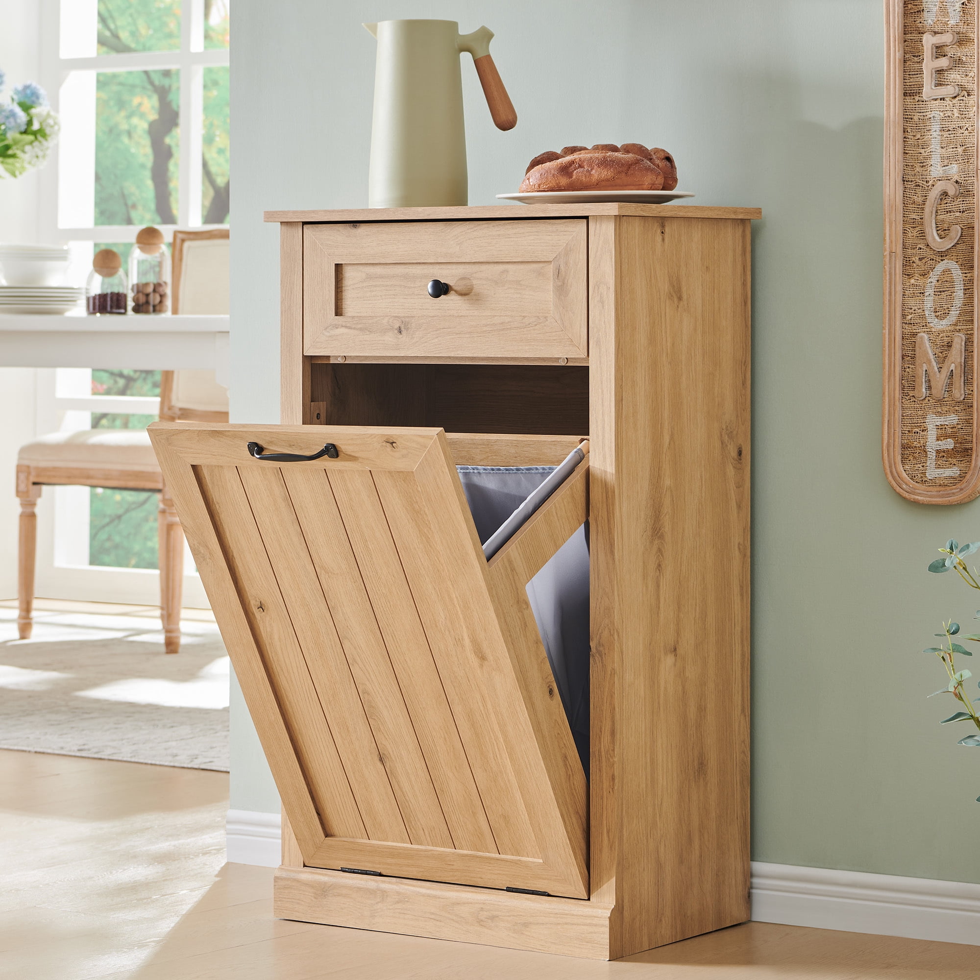 Tilt Out Trash Cabinet, 10 Gallon Farmhouse Laundry Hamper Cabinet with Drawers, Storage Basket for Kitchen, Living Room, Natural