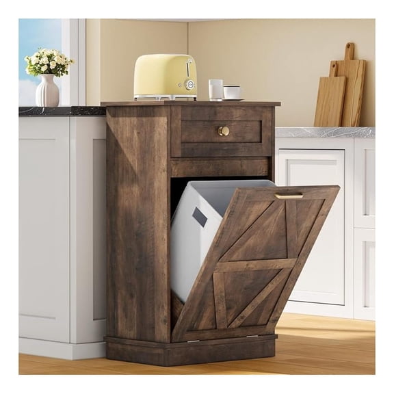 Tilt Out Trash Cabinet,10 Gallon Wooden Bin Cabinets, Laundry Hamper with Drawers, for Kitchen, Dining Room, Dark Brown