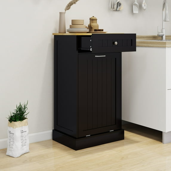 Tilt Out Trash Cabinet 10 Gallon Wooden Free Standing Laundry Sorter Cabinet,Recycling Cabinet with Hideaway Drawer,Tilt Out Trash Cabinet Can Bin Kitchen