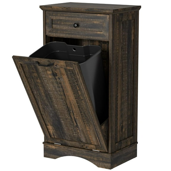 Tilt Out Trash Cabinet 13 Gallon Wooden FreeStanding Waste Bins with Hideaway Drawer,Kitchen Island with Trash Can Storage(Rustic Black)