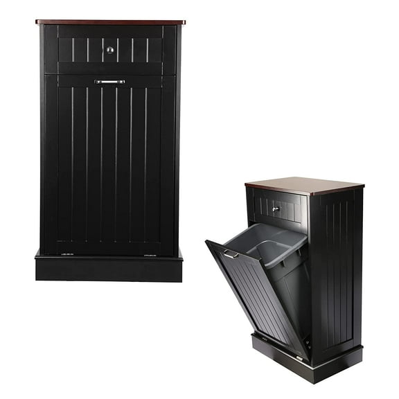 Tilt Out Trash Cabinet Free Standing 10 Gallon Recycling Trash Can Cabinet for Farmhouse Kitchen,Living Room, Dining Room, Black
