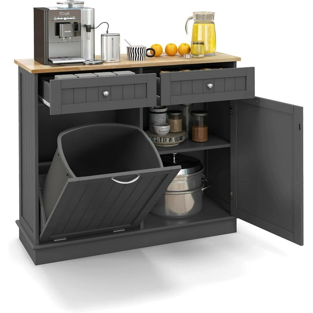 Tilt Out Trash Kitchen Island with 2 Drawers & Adjustable Shelf
