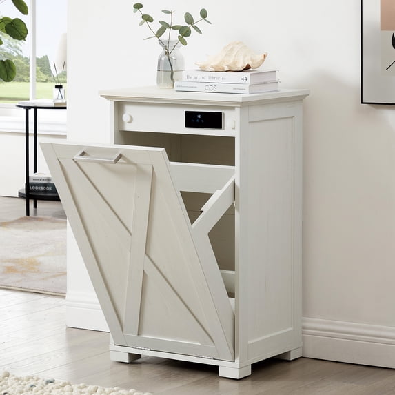 Tilt Out Trash Cabinet Kitchen Trash Can Holder Wood Laundry Hamper Recycling Trash Cabinet, White (Single Door)
