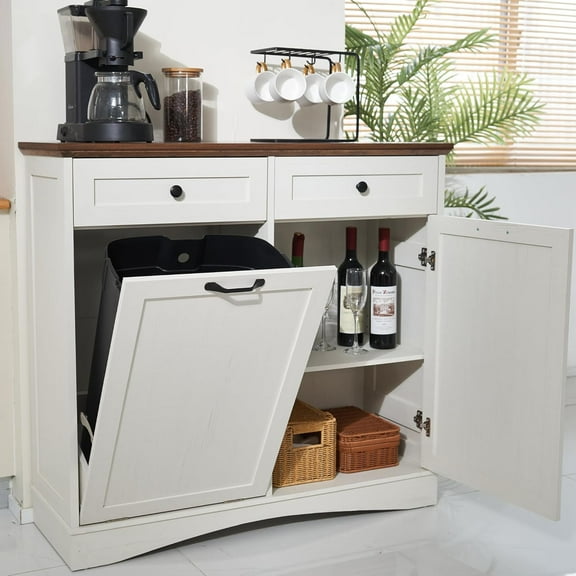 Tilt Out Trash Cabinet, Freestanding Kitchen Trash Can, Recycling Cabinet with Hideaway Drawers, Pet Proof Trash Can Holder for Kitchen Living Room