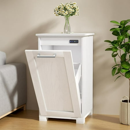Tilt Out Trash Cabinet, Wooden Kitchen Trash Can Cabinet with Deodorising Function, 10 Gallons Hidden Laundry Sorter Cabinet, White