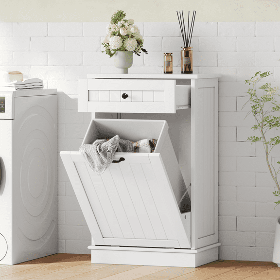 Tilt-Out Trash Can Cabinet, 10 Gallon Fluted Laundry Hamper Cabinet with Drawers, Wooden Hidden Garbage Can Cabinets, Free Standing for Kitchen & Living Room, White