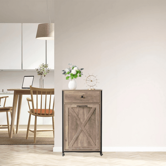 Tilt Out Trash Can Cabinet, Garbage Storage Cabinet with Single Door, Storage Drawer & Dirty Clothes Bag, Garbage Bin Organizer for Kitchen Bathroom, Gray Wood