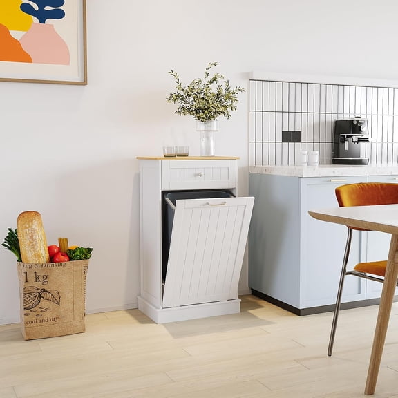 Tilt Out Trash Can Cabinet, Recycling 10 Gallon Trash Can with Drawer for Kitchen, Free Standing Wooden Laundry Sorter, Garbage Cabinet, White