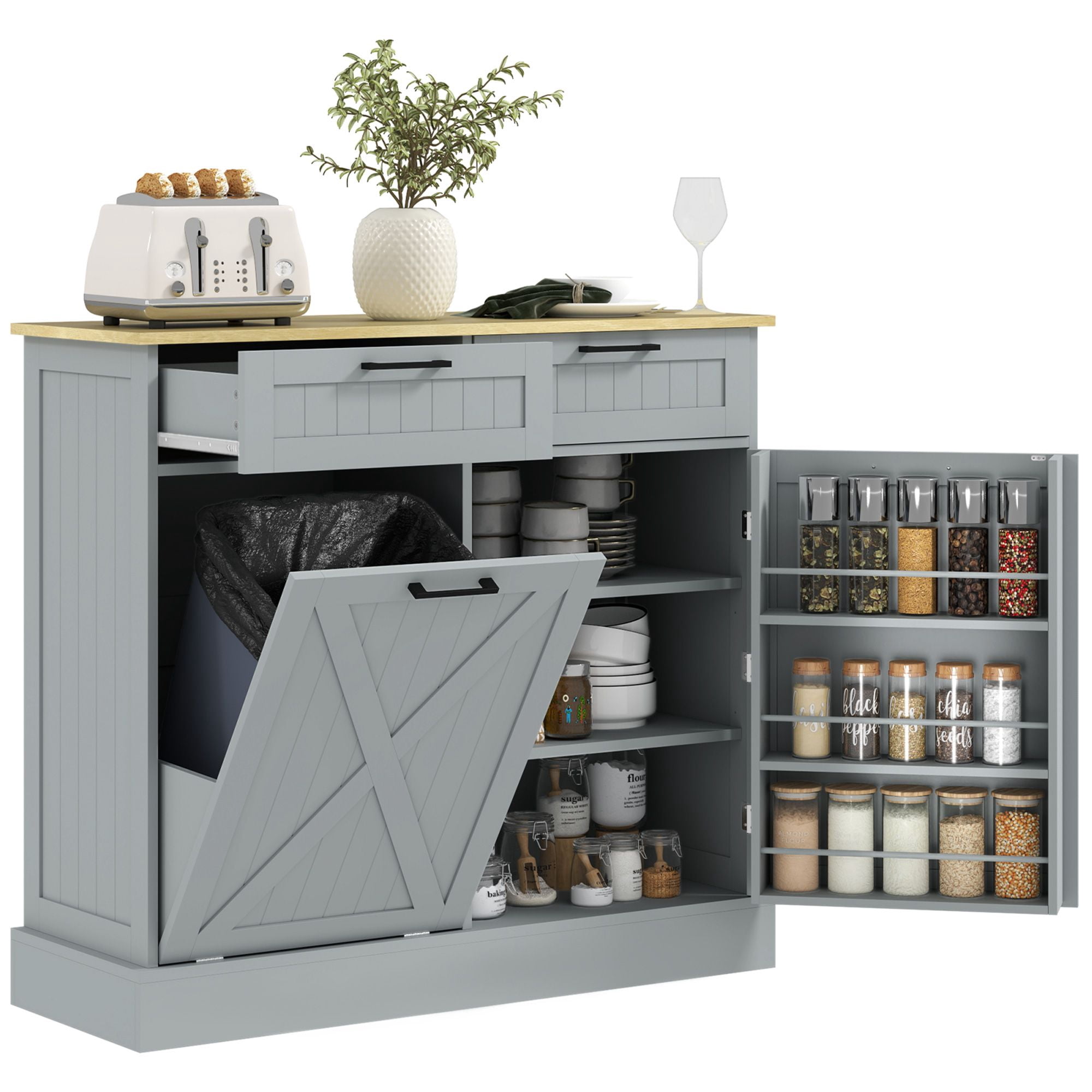 Tilt Out Trash Can Cabinet with 2 Drawers and Spice Rack, 10 Gallon Hidden Trash Can, MDF Kitchen Storage, 39.4 in Wide, 230 lb Capacity