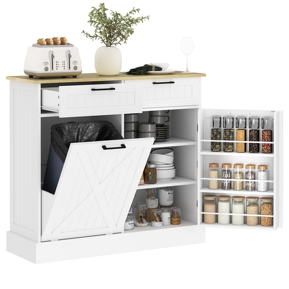 Tilt Out Trash Can Cabinet with 2 Drawers and Spice Rack, Hidden 10 ...